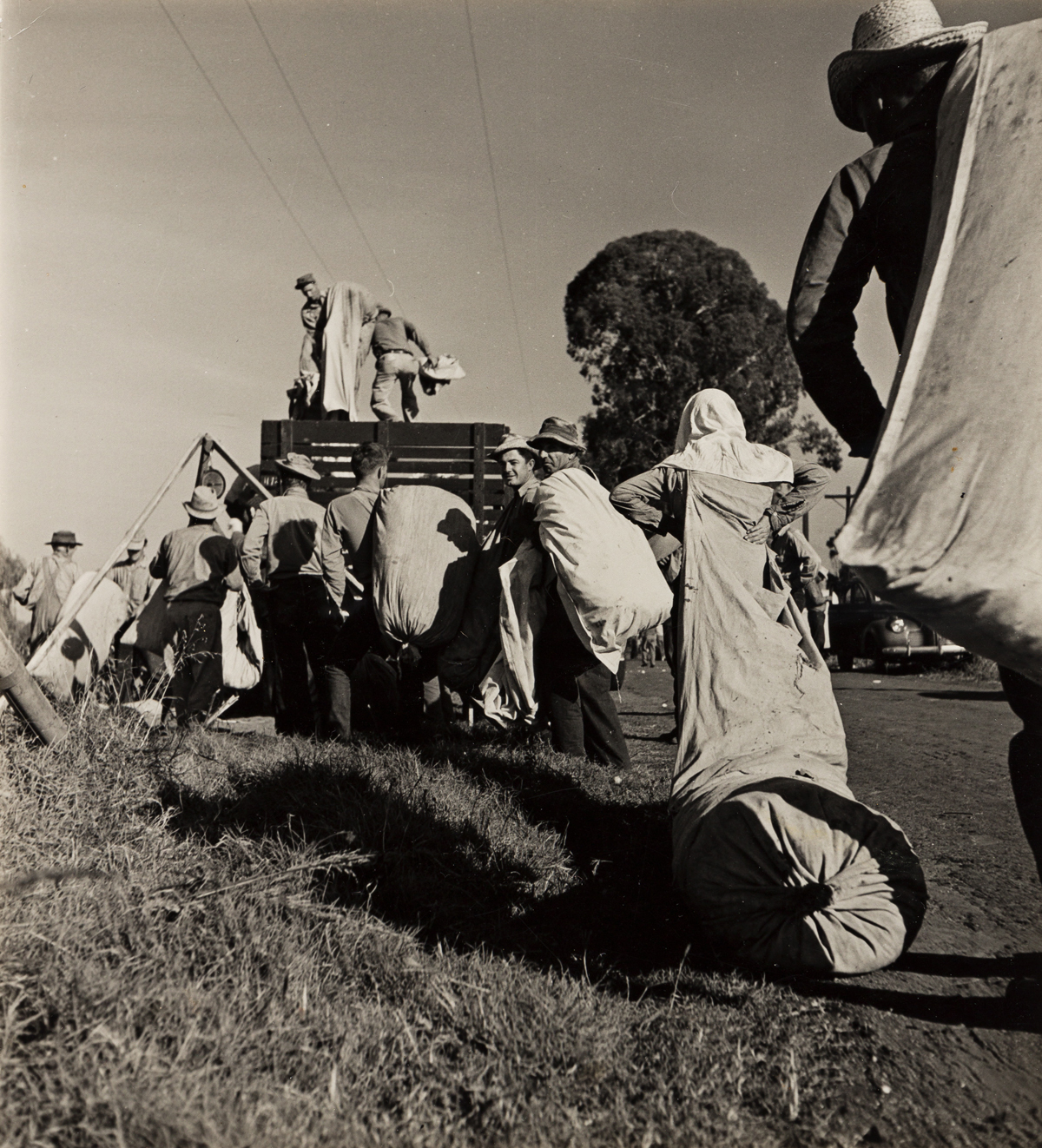 HANSEL MIETH (1909-1998)/OTTO HAGEL (1909-1973) Cotton pickers lining up for weighing in Visalia, California.
